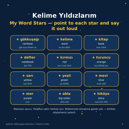 The Word Stars page from Eylül's Rainbow Words: twelve Turkish words with English meanings and pronunciation
