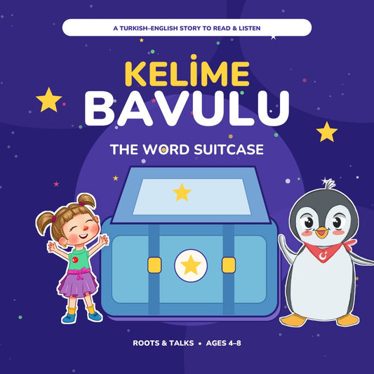 The Word Suitcase cover with Ela, Pingucan and a blue suitcase, a Turkish–English audio picture book