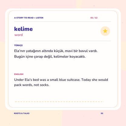 An illustrated spread from Kelime Bavulu, The Word Suitcase, with Turkish and English text