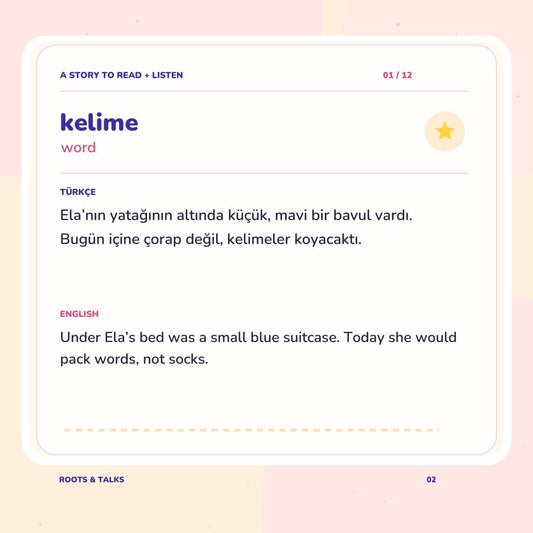 An illustrated spread from Kelime Bavulu, The Word Suitcase, with Turkish and English text