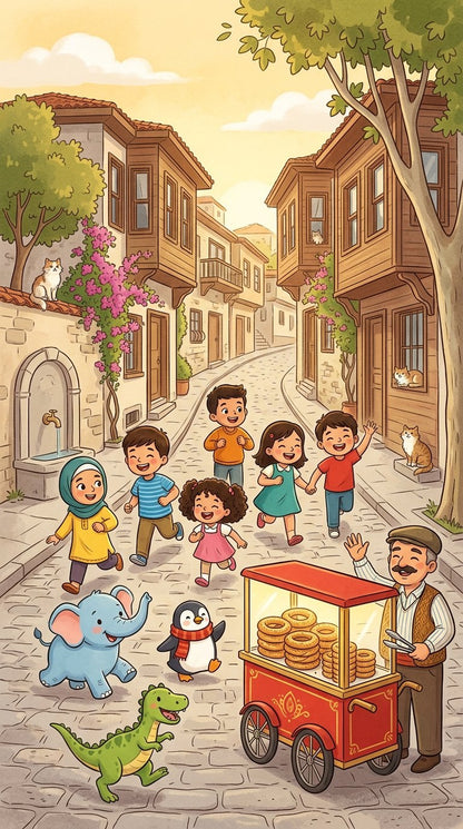 Cover of The Simit Cart on the Corner, Chapter 2 of Little Adventures in Turkish Culture, an illustrated audio e-book for kids