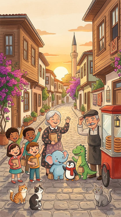 An illustrated page from The Simit Cart on the Corner, Chapter 2 of Little Adventures in Turkish Culture