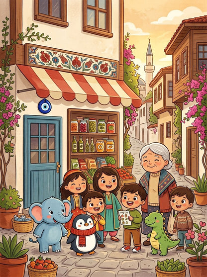Cover of The Bakkal on the Corner, Chapter 3 of Little Adventures in Turkish Culture, an illustrated audio e-book for kids