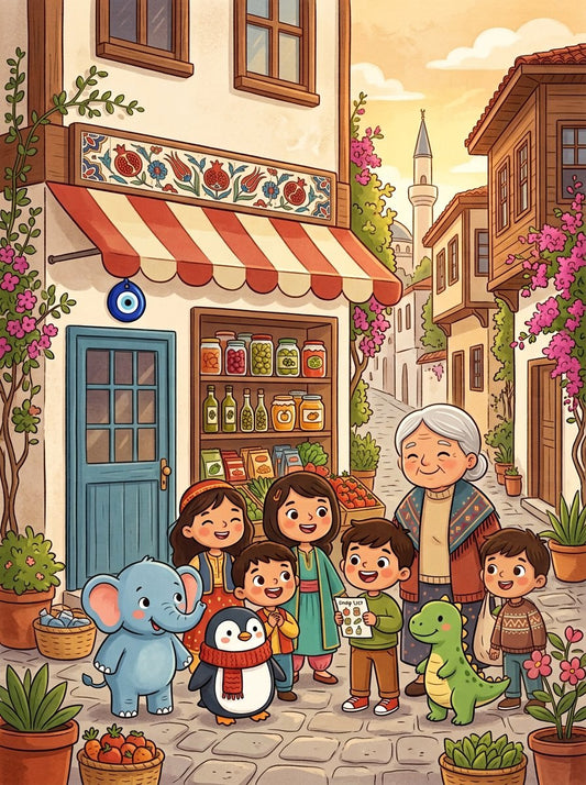 Cover of The Bakkal on the Corner, Chapter 3 of Little Adventures in Turkish Culture, an illustrated audio e-book for kids