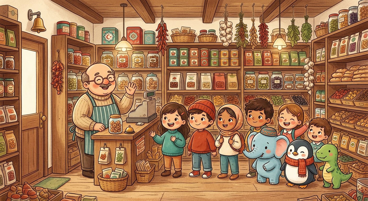 An illustrated page from The Bakkal on the Corner, Chapter 3 of Little Adventures in Turkish Culture