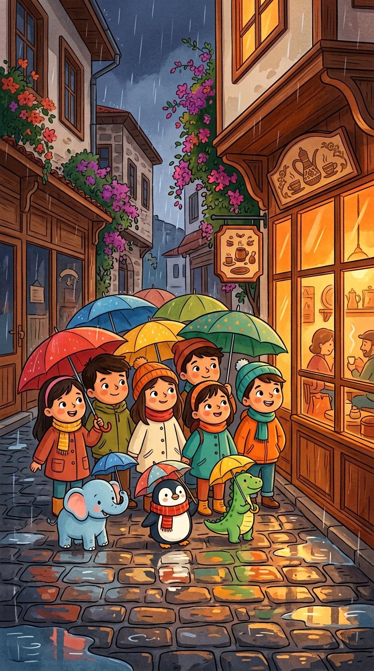 Cover of Rainy Day Backgammon at the Coffeehouse, Chapter 4 of Little Adventures in Turkish Culture, an illustrated audio e-book for kids