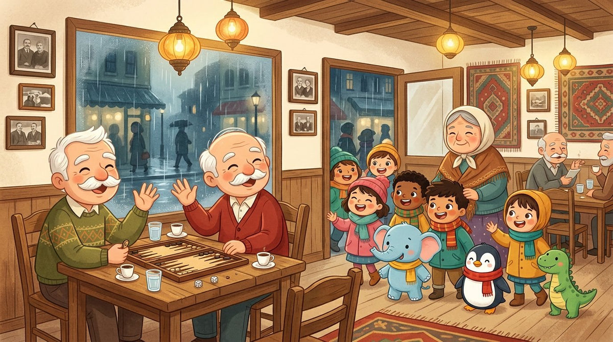 An illustrated page from Rainy Day Backgammon at the Coffeehouse, Chapter 4 of Little Adventures in Turkish Culture