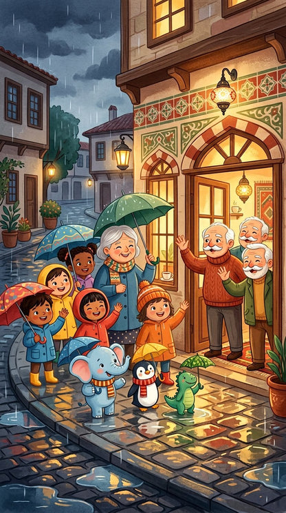 An illustrated page from Rainy Day Backgammon at the Coffeehouse, Chapter 4 of Little Adventures in Turkish Culture