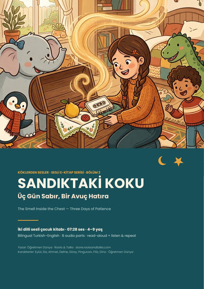 Cover of Voices from the Roots 2, a bilingual Turkish–English story for kids