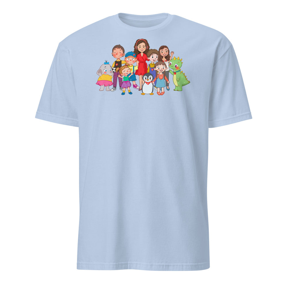 All the Characters Together Unisex Softstyle T-Shirt, Roots & Talks - Light Blue