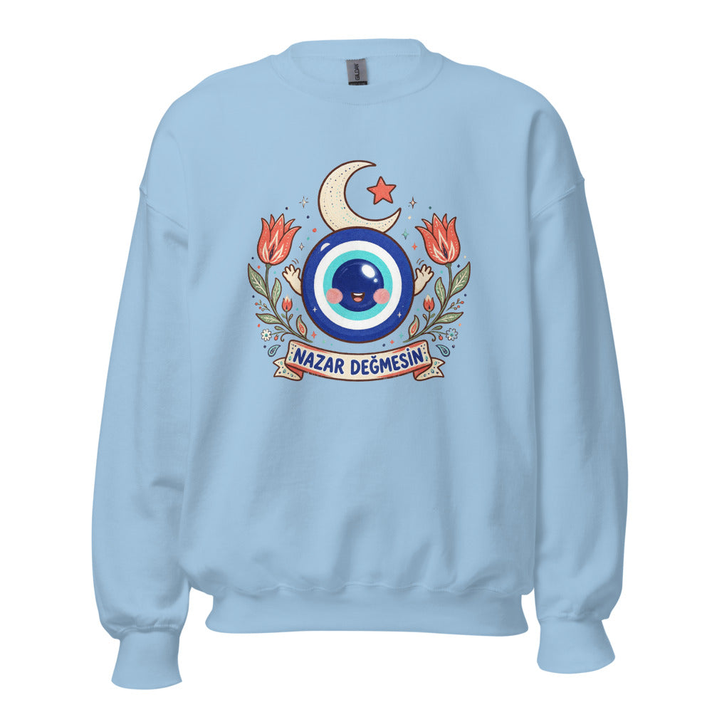 Nazar Değmesin Unisex Crewneck Sweatshirt, Roots & Talks - Light Blue