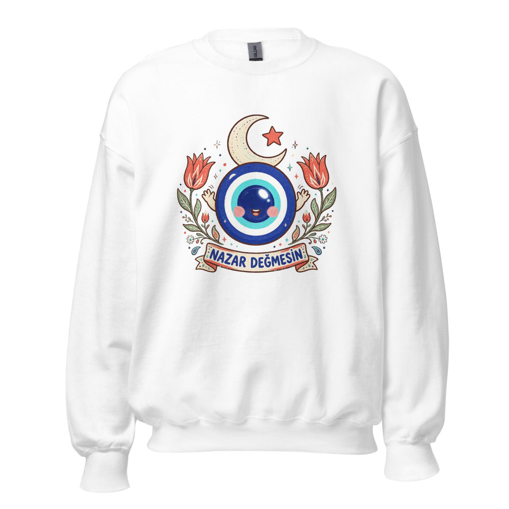 Nazar Değmesin Unisex Crewneck Sweatshirt, Roots & Talks - White