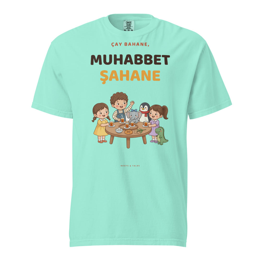 Çay Bahane, Muhabbet Şahane Unisex Garment-Dyed Heavyweight T-Shirt, Roots & Talks - Chalky Mint