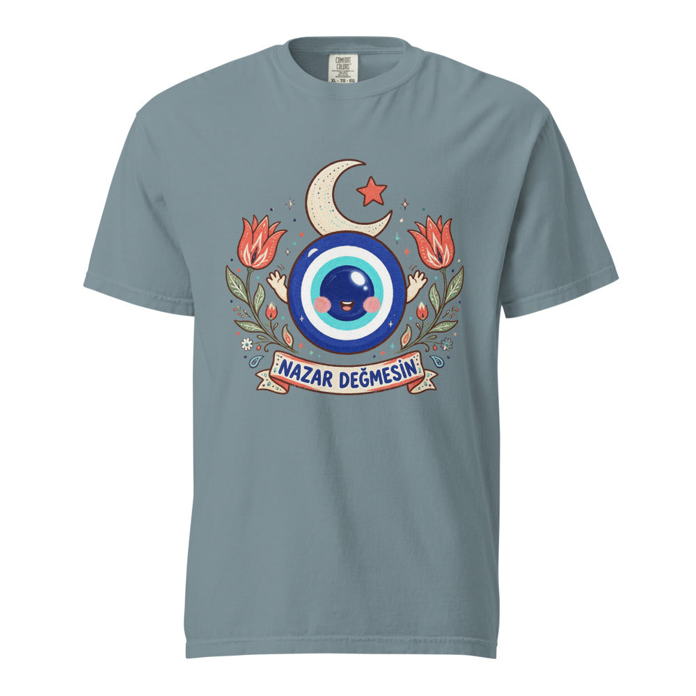 Nazar Değmesin Unisex Garment-Dyed Heavyweight T-Shirt, Roots & Talks - Ice Blue