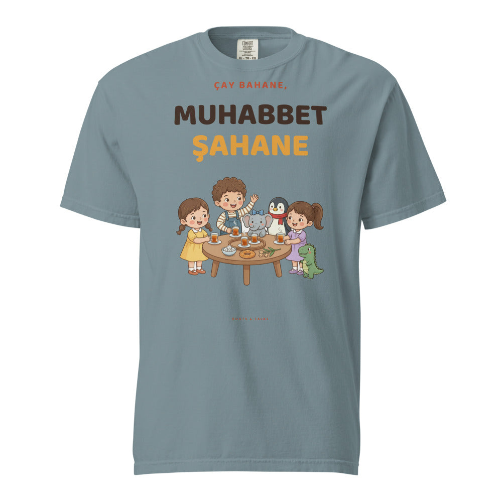 Çay Bahane, Muhabbet Şahane Unisex Garment-Dyed Heavyweight T-Shirt, Roots & Talks - Ice Blue