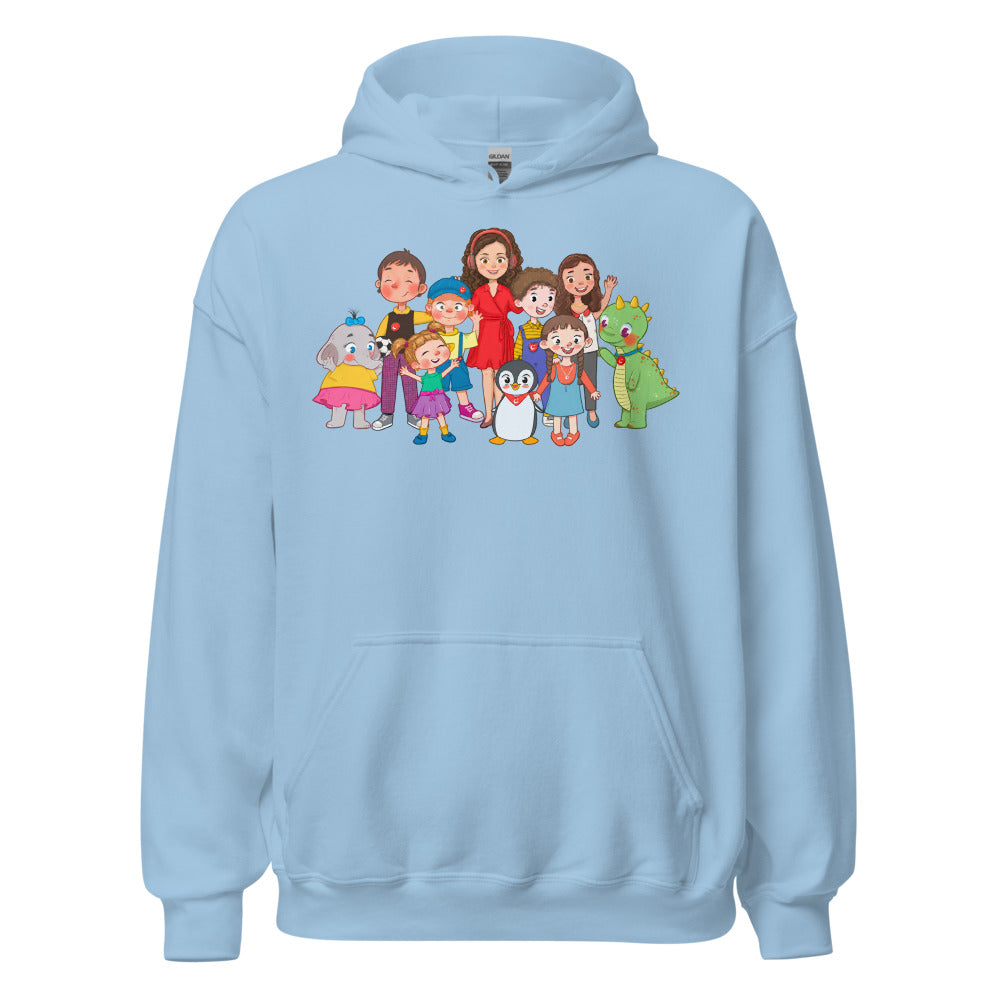 All the Characters Together Unisex Heavy Blend Hoodie, Roots & Talks - Light Blue