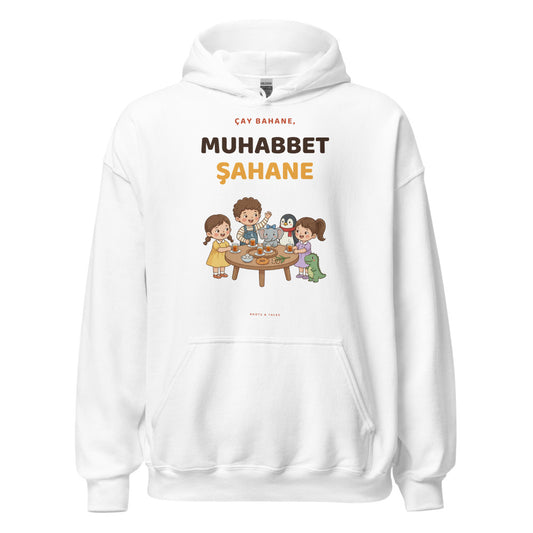 Çay Bahane, Muhabbet Şahane Unisex Heavy Blend Hoodie, Roots & Talks - White