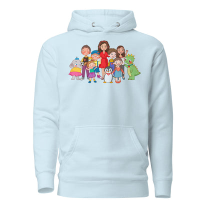 All the Characters Together Unisex Premium Pullover Hoodie, Roots & Talks - Sky Blue