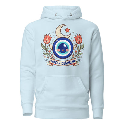 Nazar Değmesin Unisex Premium Pullover Hoodie, Roots & Talks - Sky Blue