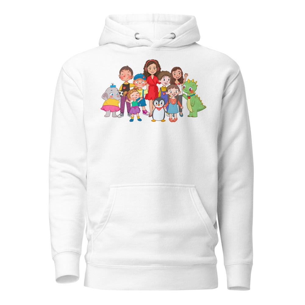 All the Characters Together Unisex Premium Pullover Hoodie, Roots & Talks - White