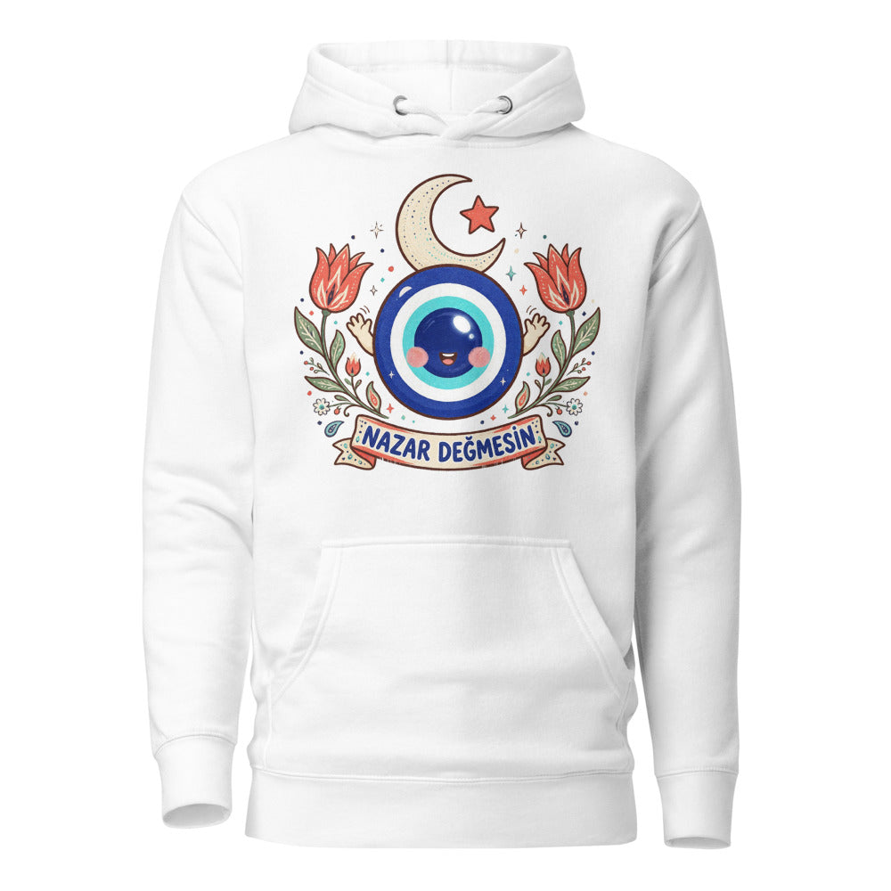 Nazar Değmesin Unisex Premium Pullover Hoodie, Roots & Talks - White