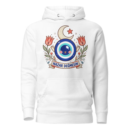 Nazar Değmesin Unisex Premium Pullover Hoodie, Roots & Talks - White