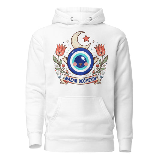 Nazar Değmesin Unisex Premium Pullover Hoodie, Roots & Talks - White