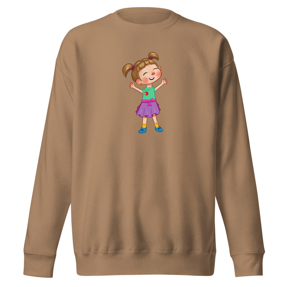 Ela Character Unisex Premium Crewneck Sweatshirt, Roots & Talks - Latte