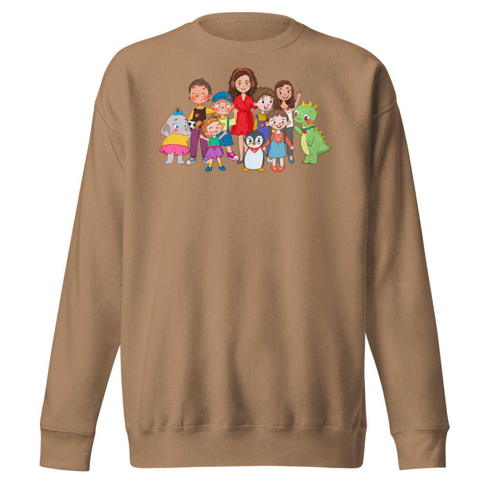 All the Characters Together Unisex Premium Crewneck Sweatshirt, Roots & Talks - Latte