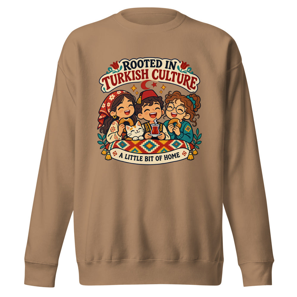 Rooted in Turkish Culture Unisex Premium Crewneck Sweatshirt, Roots & Talks - Latte