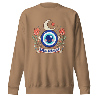 Nazar Değmesin Unisex Premium Crewneck Sweatshirt, Roots & Talks - Latte