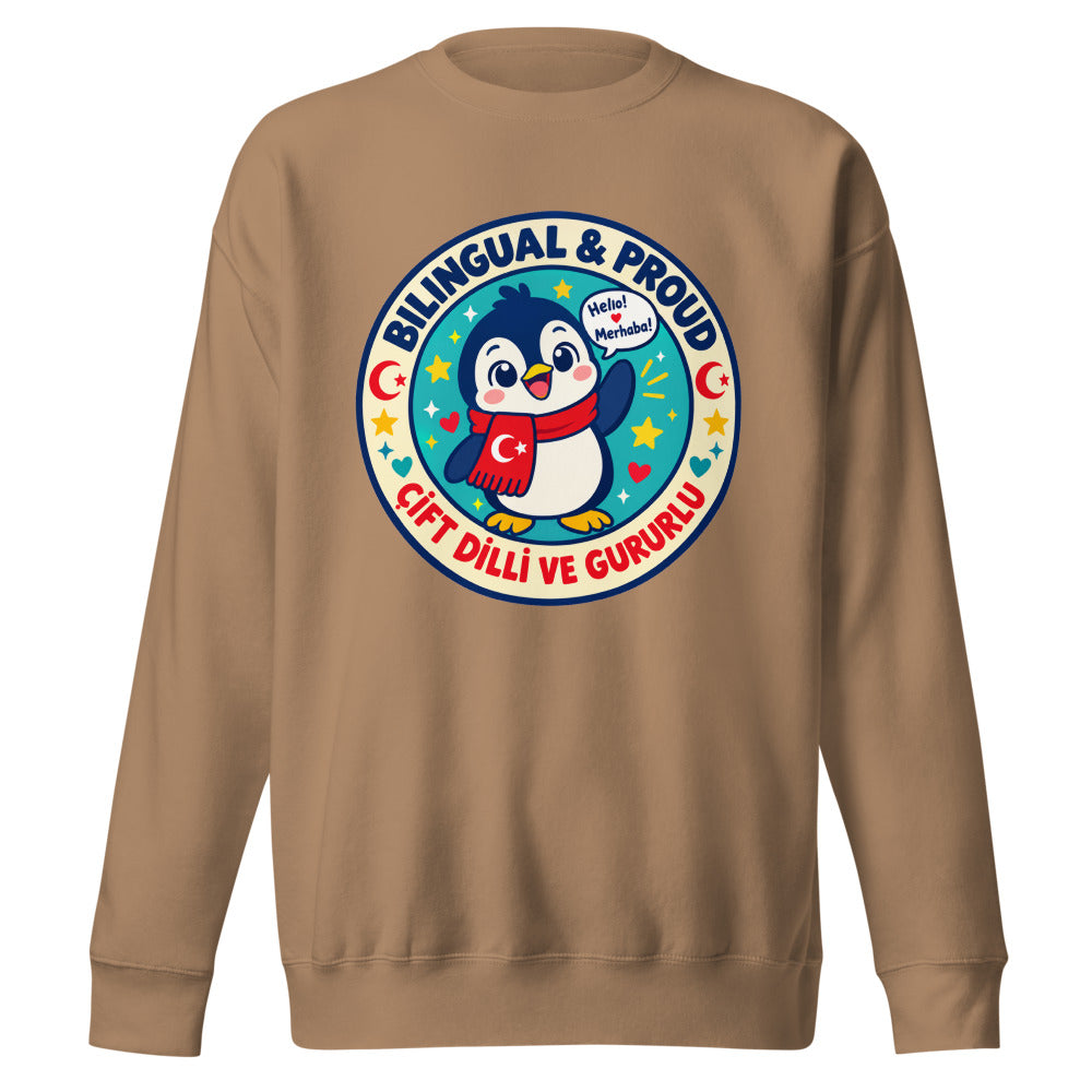 Bilingual & Proud Unisex Premium Crewneck Sweatshirt, Roots & Talks - Latte