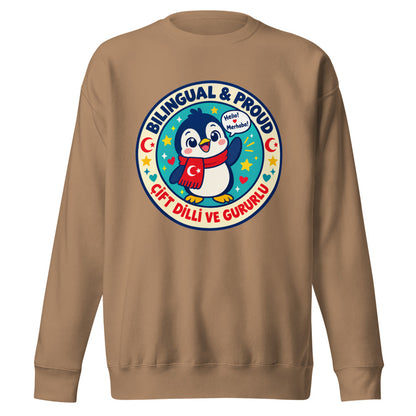 Bilingual & Proud Unisex Premium Crewneck Sweatshirt, Roots & Talks - Latte