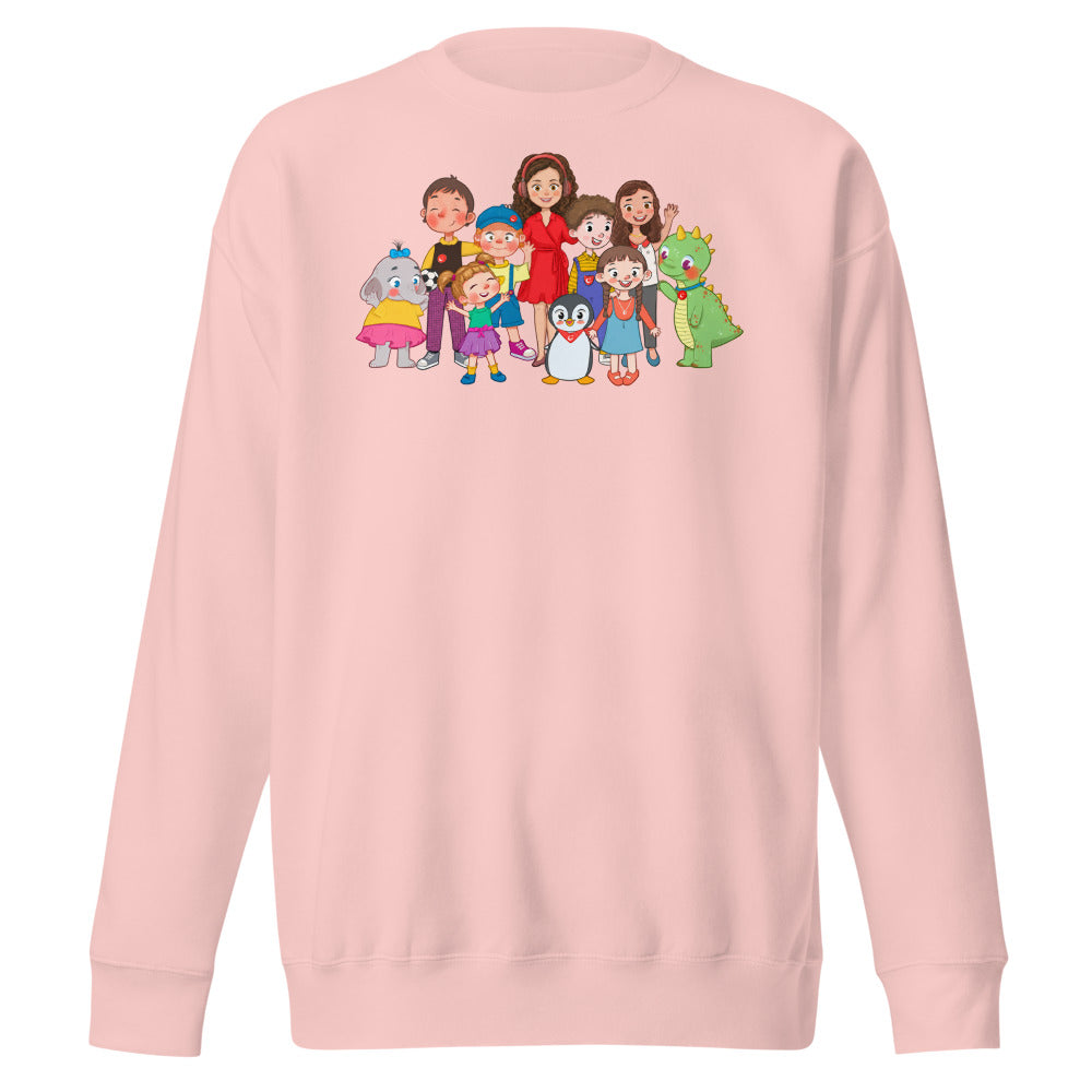 All the Characters Together Unisex Premium Crewneck Sweatshirt, Roots & Talks - Light Pink