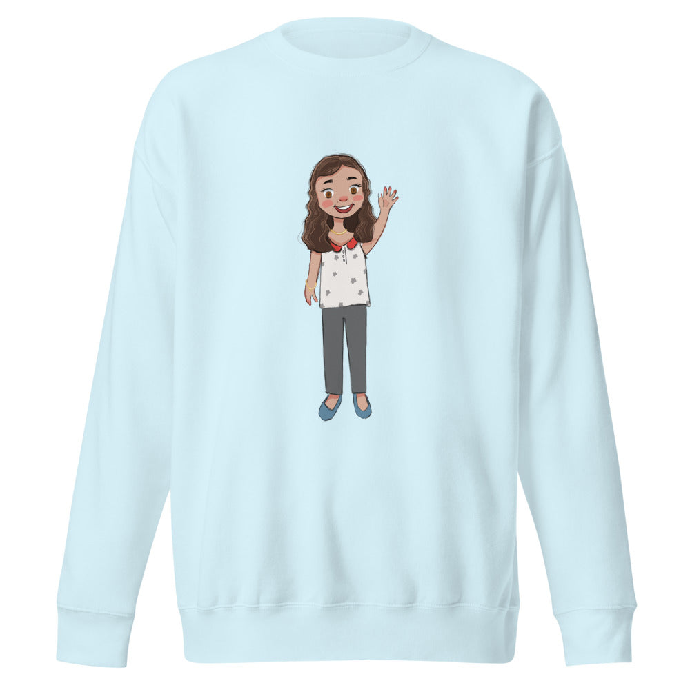 Defne Character Unisex Premium Crewneck Sweatshirt, Roots & Talks - Sky Blue
