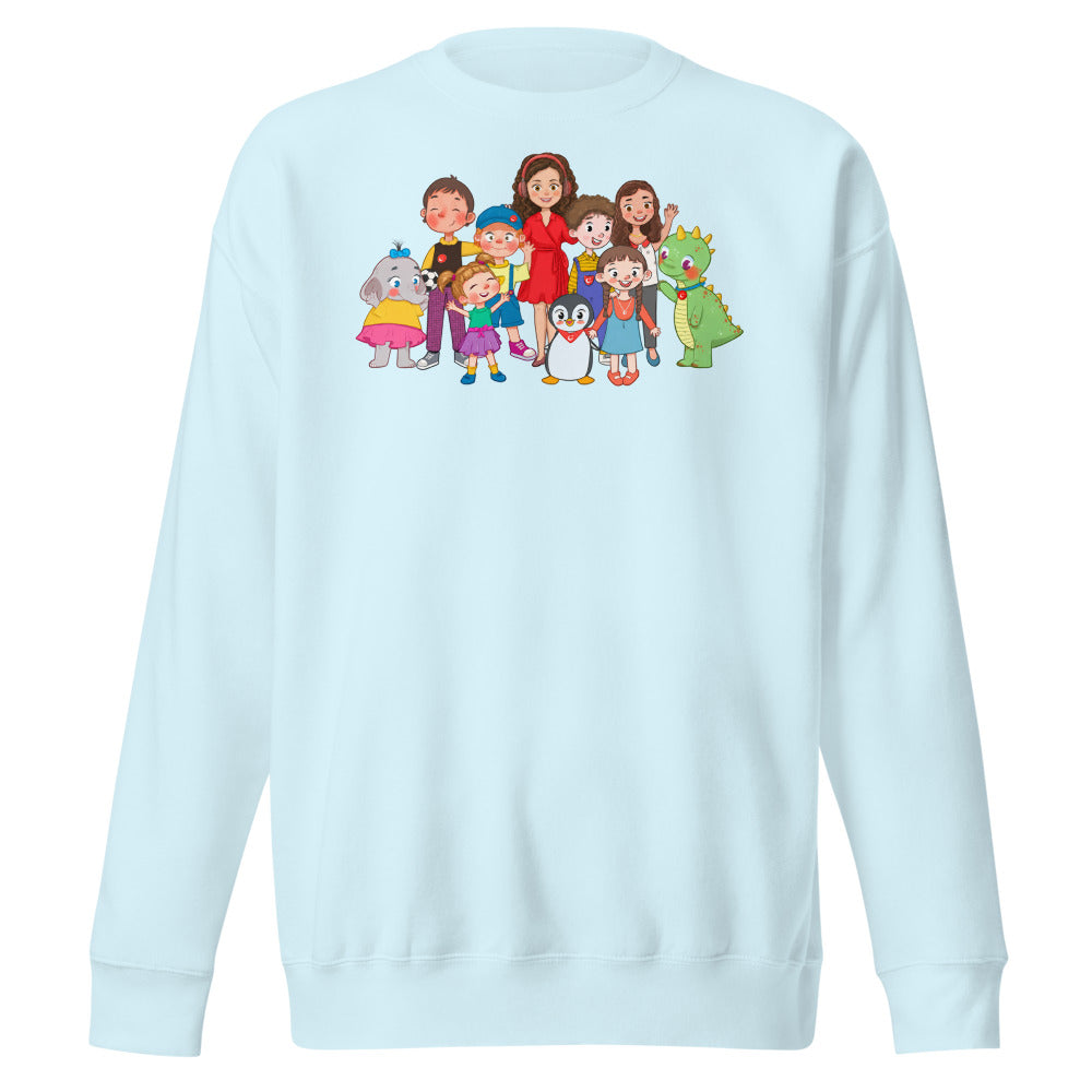 All the Characters Together Unisex Premium Crewneck Sweatshirt, Roots & Talks - Sky Blue