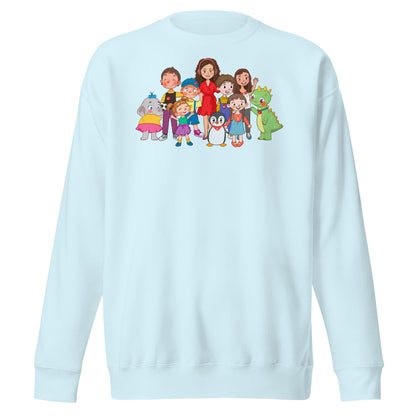 All the Characters Together Unisex Premium Crewneck Sweatshirt, Roots & Talks - Sky Blue