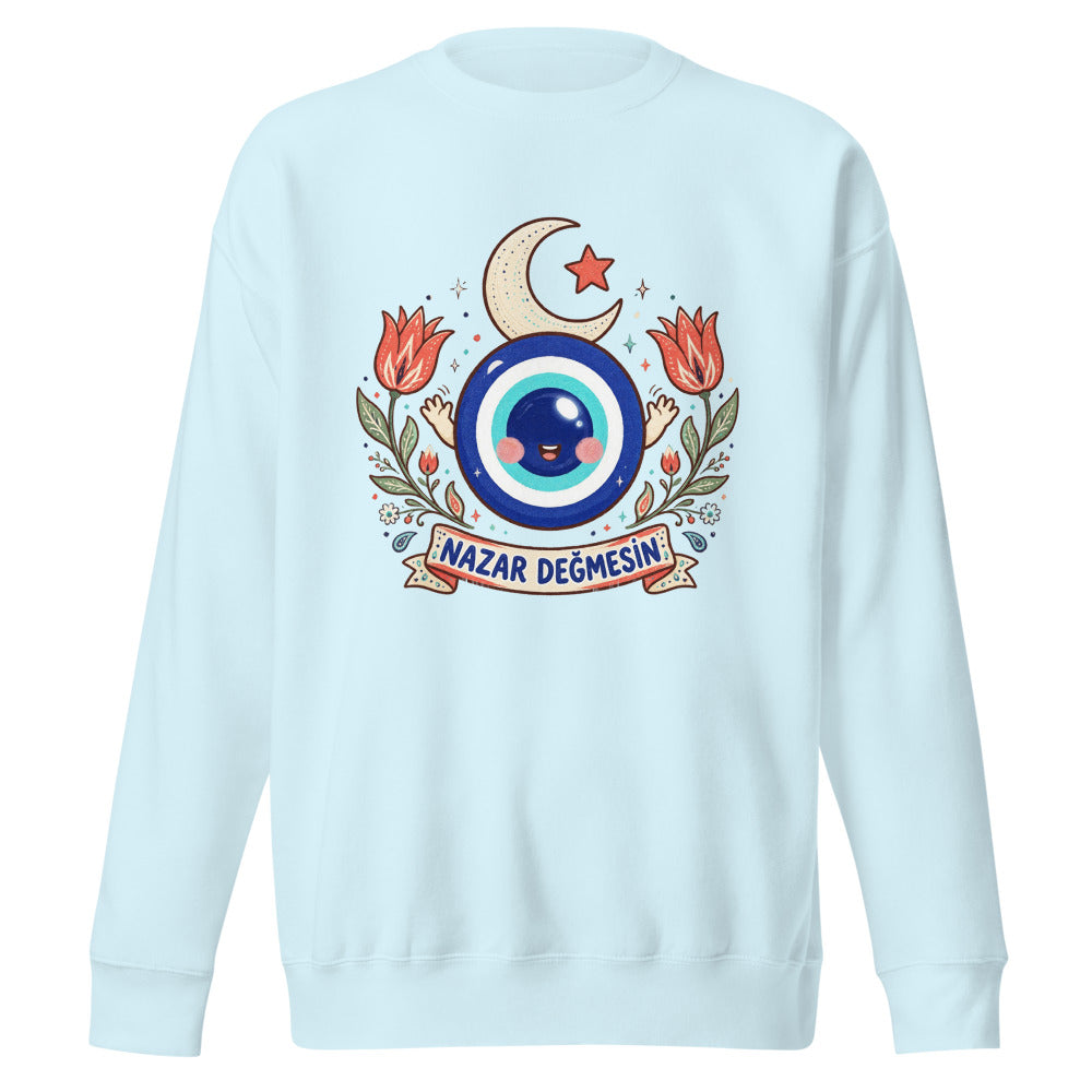 Nazar Değmesin Unisex Premium Crewneck Sweatshirt, Roots & Talks - Sky Blue