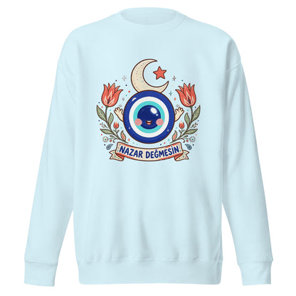 Nazar Değmesin Unisex Premium Crewneck Sweatshirt, Roots & Talks - Sky Blue