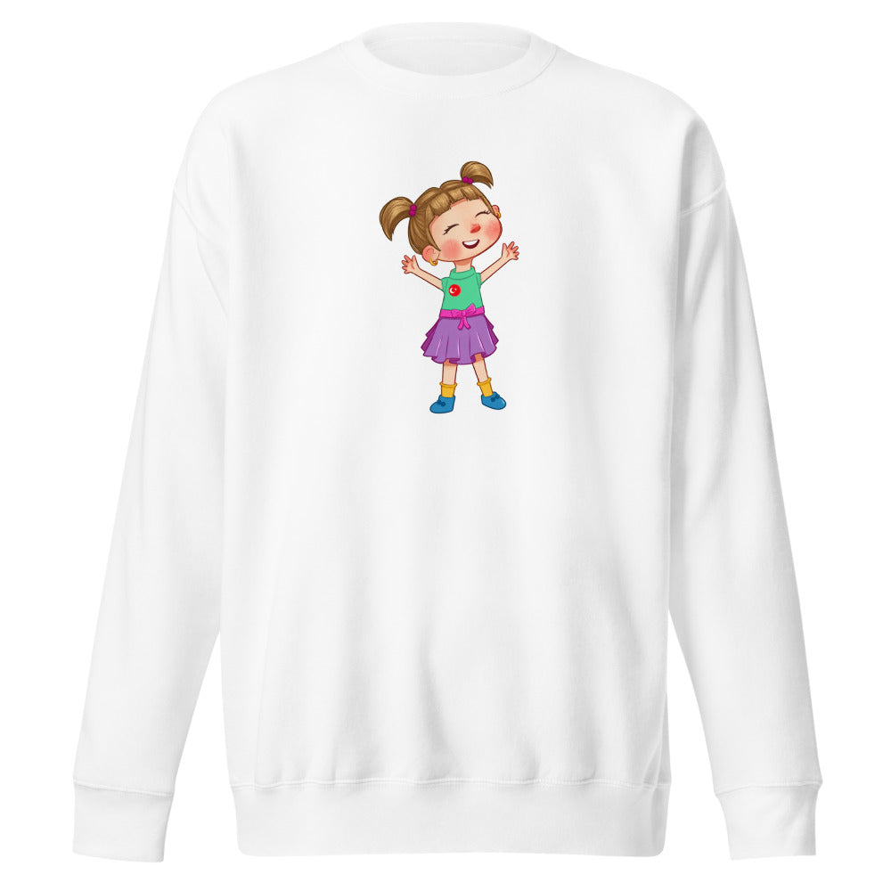 Ela Character Unisex Premium Crewneck Sweatshirt, Roots & Talks - White