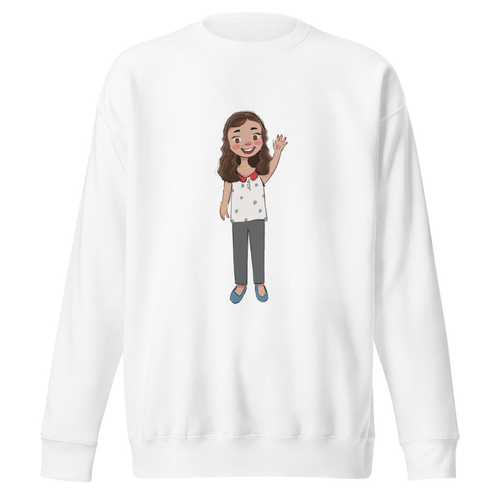 Defne Character Unisex Premium Crewneck Sweatshirt, Roots & Talks - White