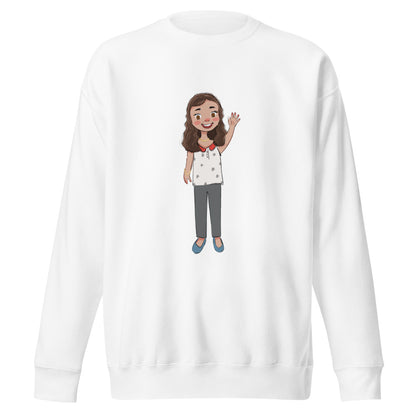 Defne Character Unisex Premium Crewneck Sweatshirt, Roots & Talks - White