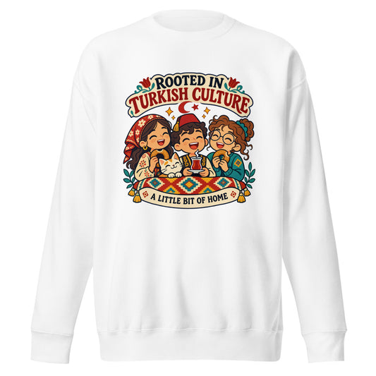 Rooted in Turkish Culture Unisex Premium Crewneck Sweatshirt, Roots & Talks - White