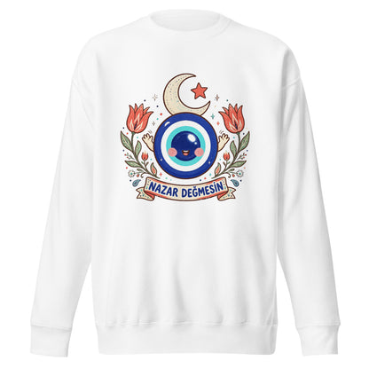 Nazar Değmesin Unisex Premium Crewneck Sweatshirt, Roots & Talks - White