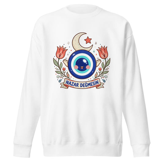 Nazar Değmesin Unisex Premium Crewneck Sweatshirt, Roots & Talks - White