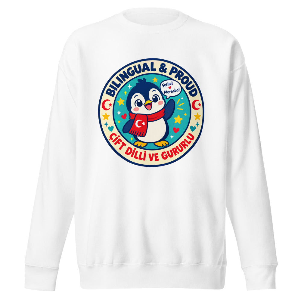 Bilingual & Proud Unisex Premium Crewneck Sweatshirt, Roots & Talks - White