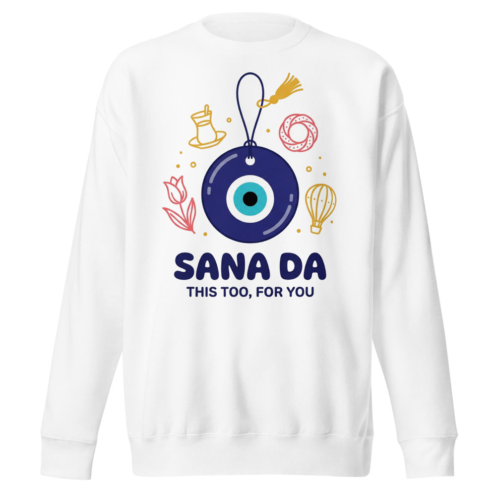 Sana Da Unisex Premium Crewneck Sweatshirt, Roots & Talks - White