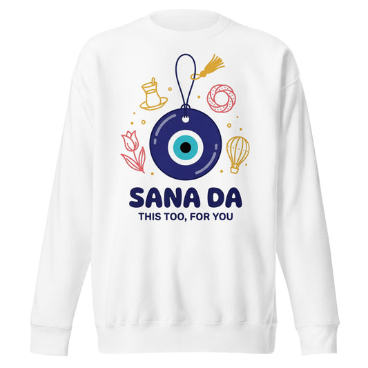Sana Da Unisex Premium Crewneck Sweatshirt, Roots & Talks - White