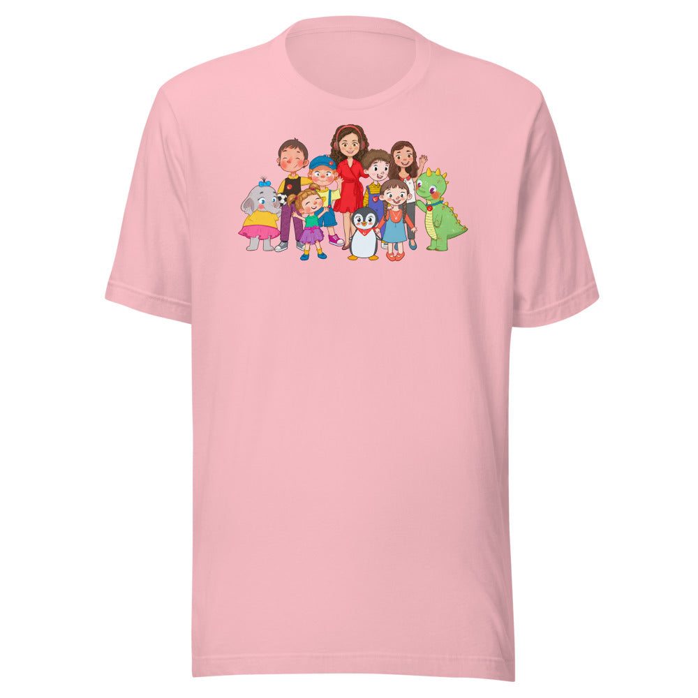 All the Characters Together Unisex T-Shirt, Roots & Talks - Pink