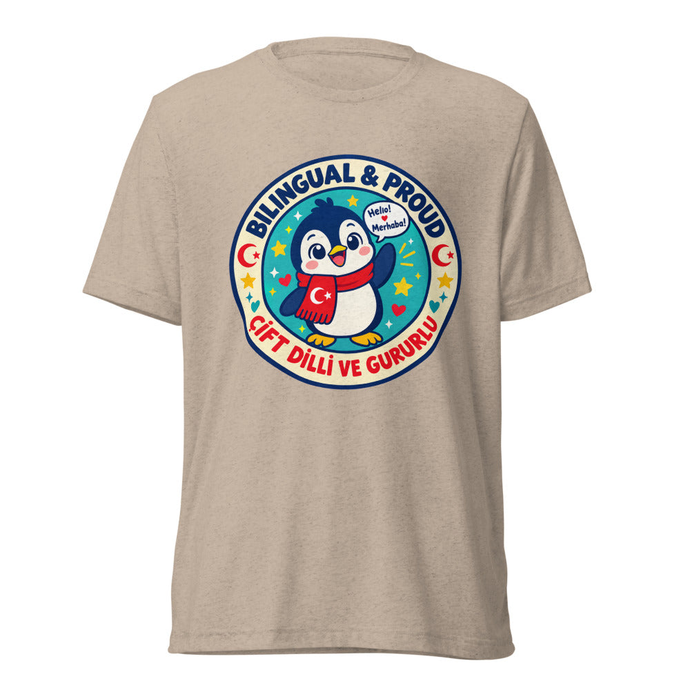 Bilingual & Proud Unisex Tri-Blend T-Shirt, Roots & Talks - Tan Triblend